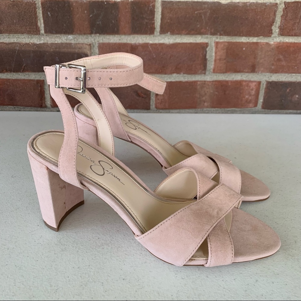 Jessica Simpson Niara Blush Nude Cross-Band Open-Toe Block Heel Sandals